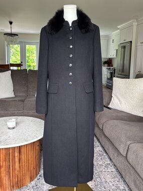 St John Angora Fox Fur Collar Black Lined Coat